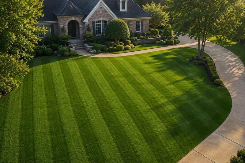 Aerial view of a perfectly striped lawn beside a curved driveway