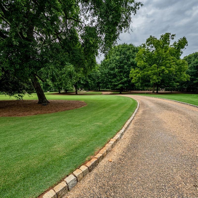 Sweeping curved driveway with lush lawn and mature trees