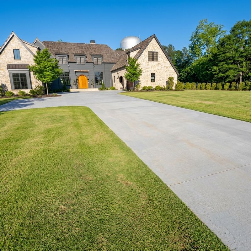 Stone and stucco home with manicured lawn and orange front door