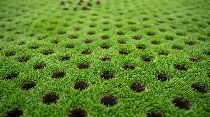 Close-up of aeration holes punched through thick Bermuda grass