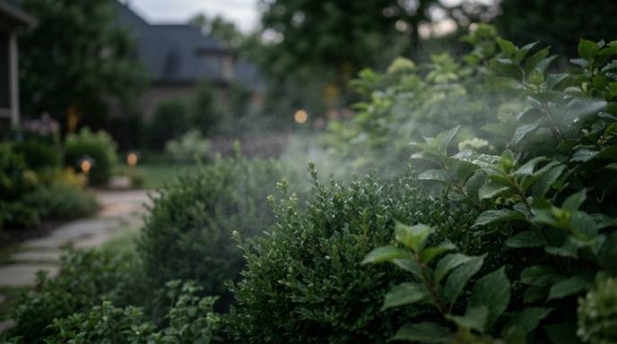 Fine mist treatment being applied to lush shrubs at dusk