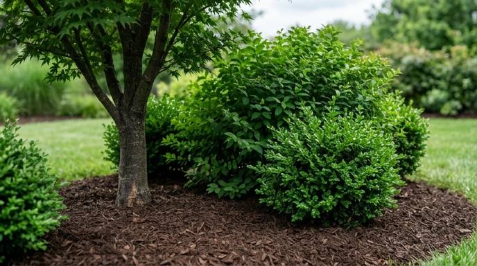 Healthy ornamental tree and shrubs with fresh mulch