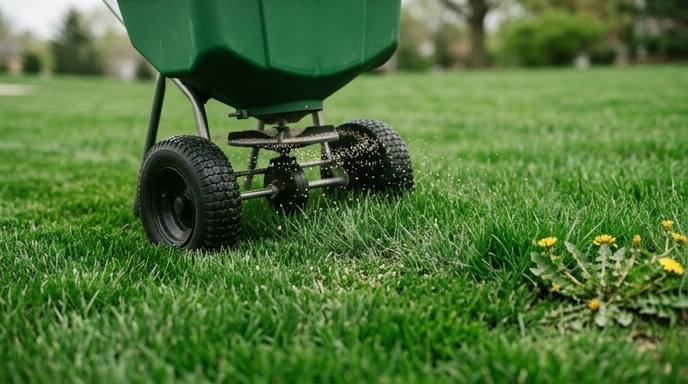 Fertilizer spreader moving across thick green lawn